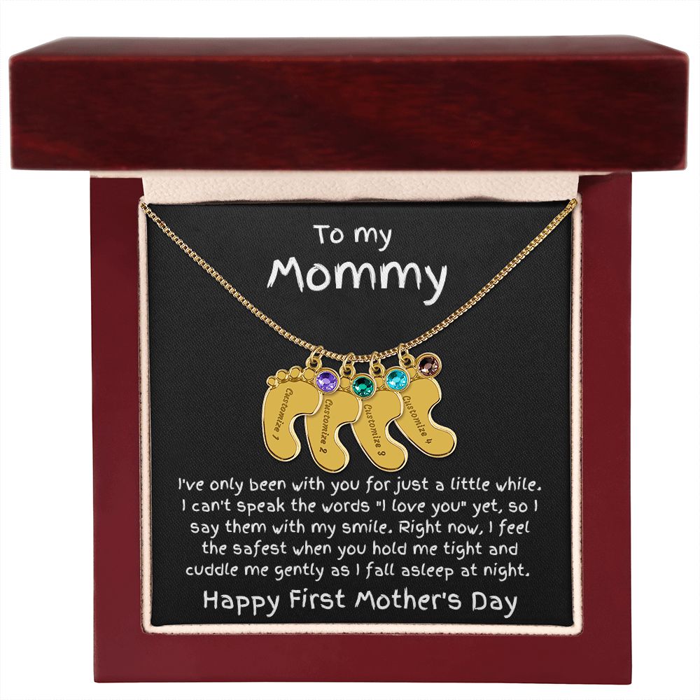 New Mom First Mother's Day Gift Engraved Baby Feet Birthstone Charm Necklace