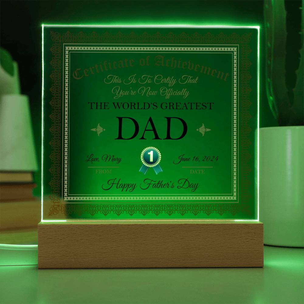 Gift For Dad Certificate of Achievement World's Greatest Dad Custom Acrylic Plaque