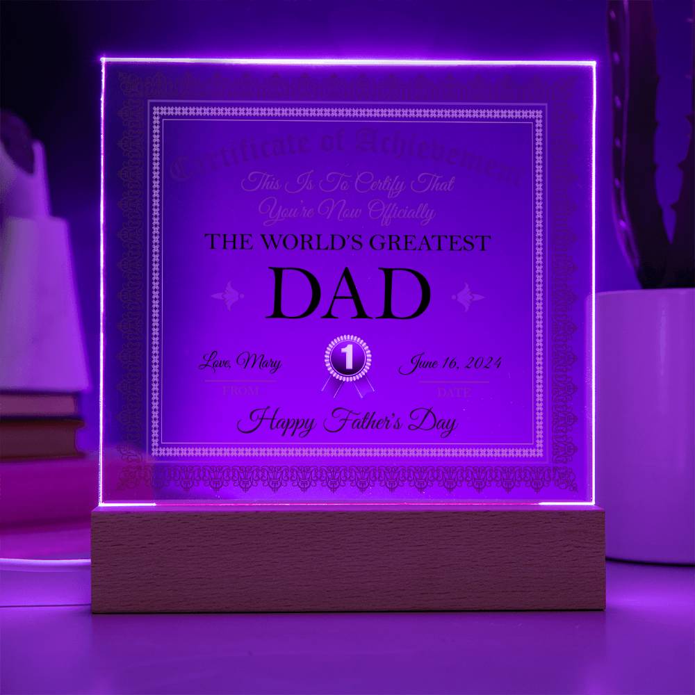 Gift For Dad Certificate of Achievement World's Greatest Dad Custom Acrylic Plaque