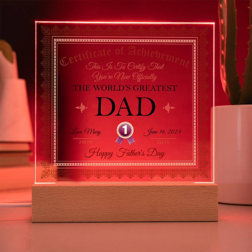 Gift For Dad Certificate of Achievement World's Greatest Dad Custom Acrylic Plaque
