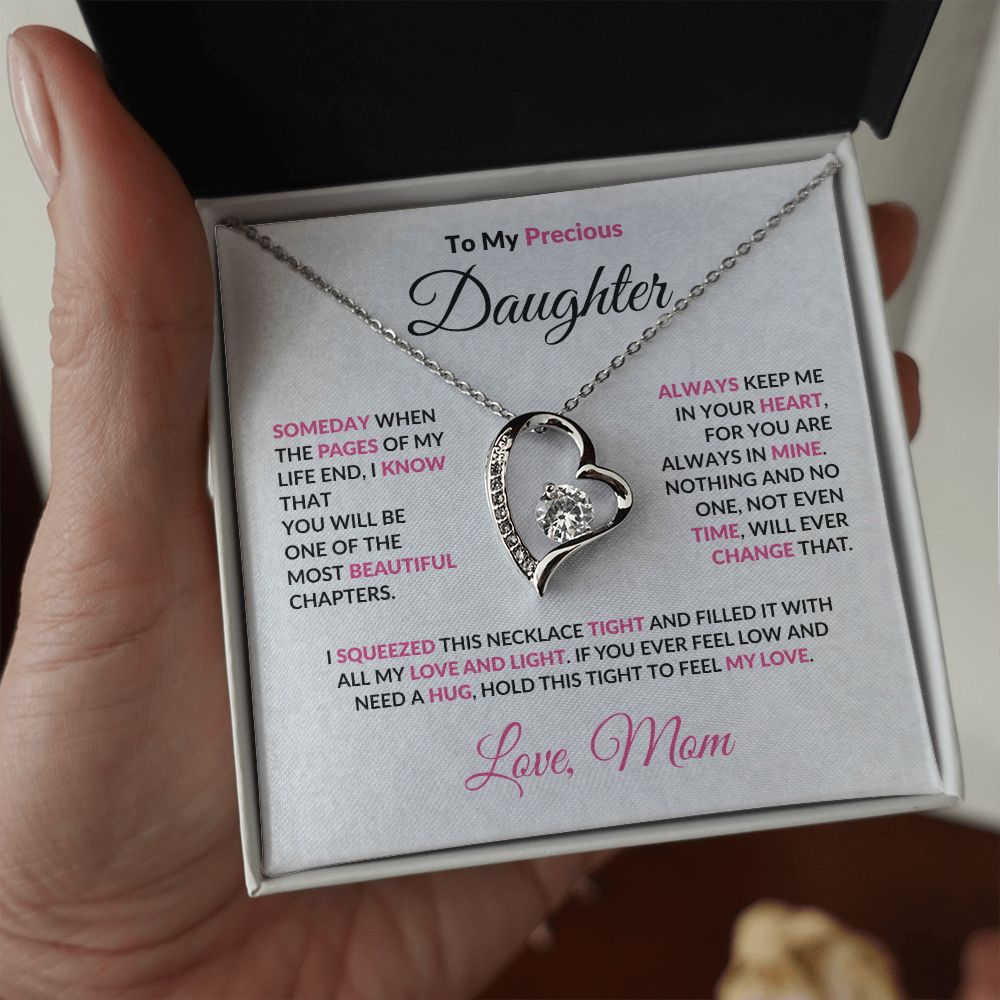 To My Precious Daughter Forever Love Heart Pendant Necklace with Message Card