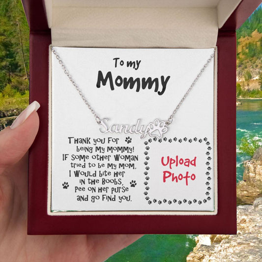 Dog Mom Funny Custom Paw Print Name and Photo Upload Necklace