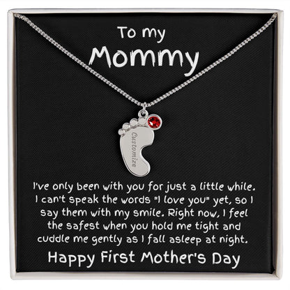 New Mom First Mother's Day Gift Engraved Baby Feet Birthstone Charm Necklace