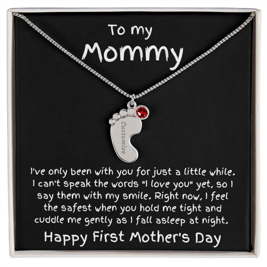 New Mom First Mother's Day Gift Engraved Baby Feet Birthstone Charm Necklace