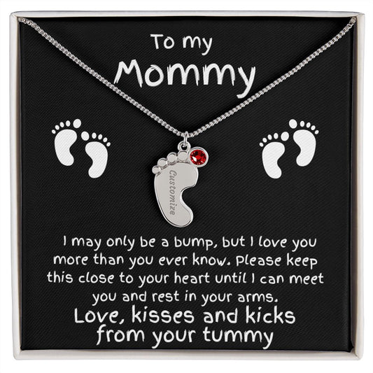 Expectant Mom Gift from the Bump Engraved Baby Feet Birthstone Charm Necklace