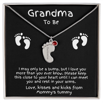 Grandma to Be Baby Feet Engraved Birthstone Charm Necklace