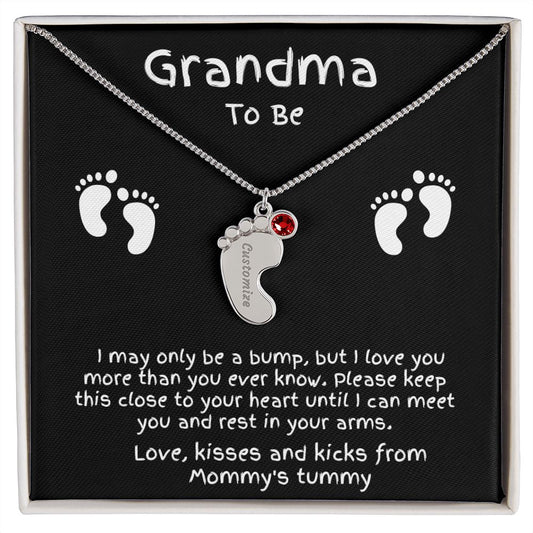Grandma to Be Baby Feet Engraved Birthstone Charm Necklace