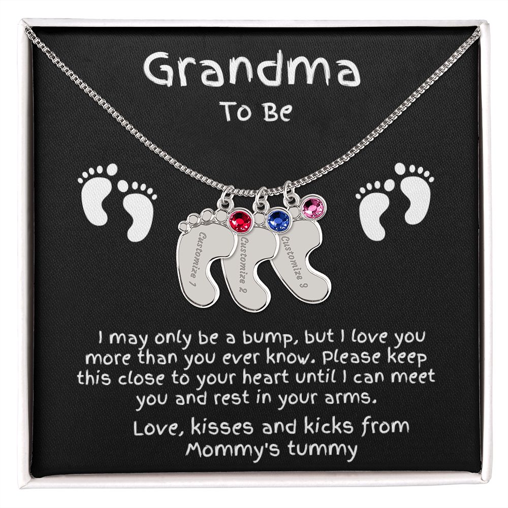 Grandma to Be Baby Feet Engraved Birthstone Charm Necklace