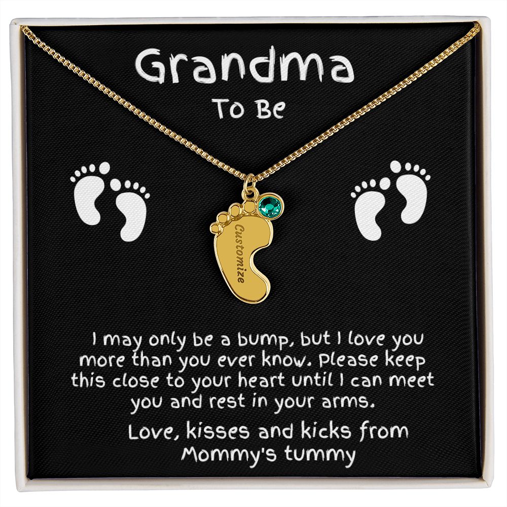 Grandma to Be Baby Feet Engraved Birthstone Charm Necklace