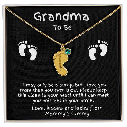 Grandma to Be Baby Feet Engraved Birthstone Charm Necklace