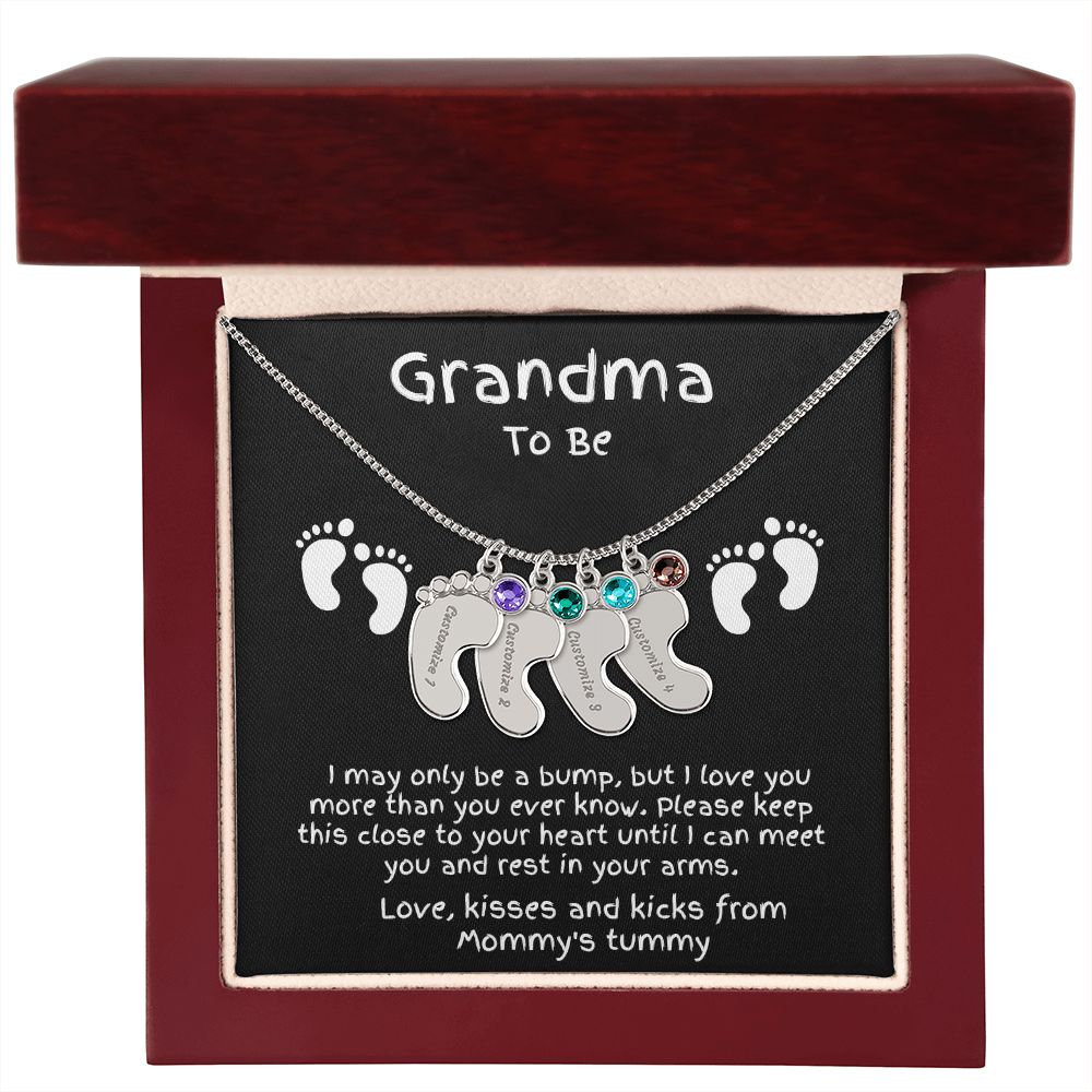 Grandma to Be Baby Feet Engraved Birthstone Charm Necklace