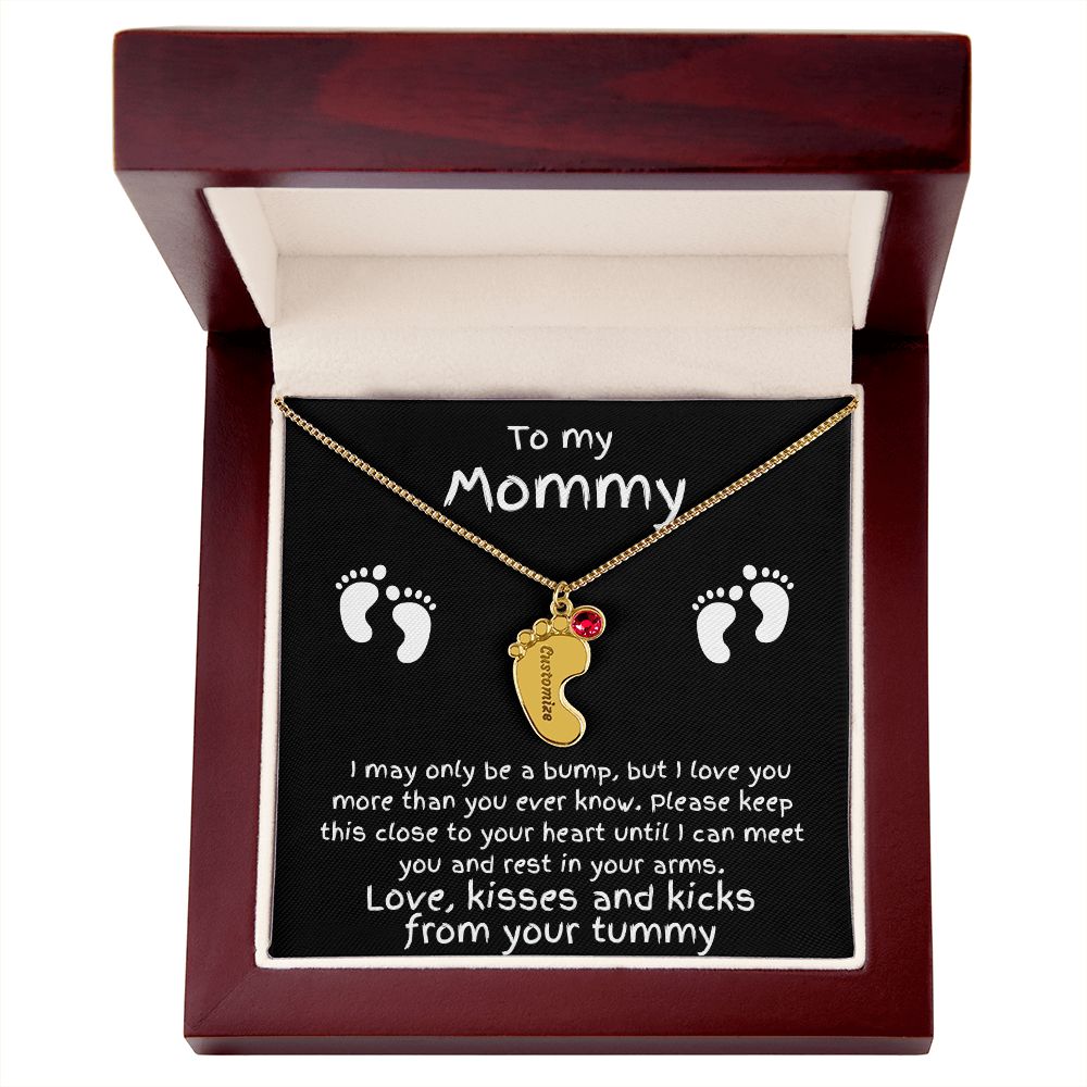 Expectant Mom Gift from the Bump Engraved Baby Feet Birthstone Charm Necklace