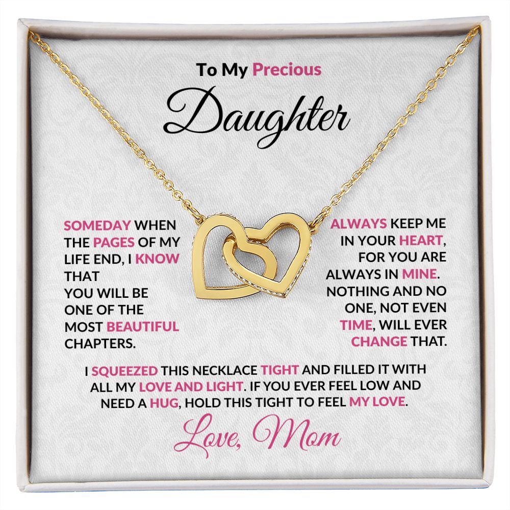 To My Precious Daughter Interlocking Hearts Pendant Necklace with Message Card