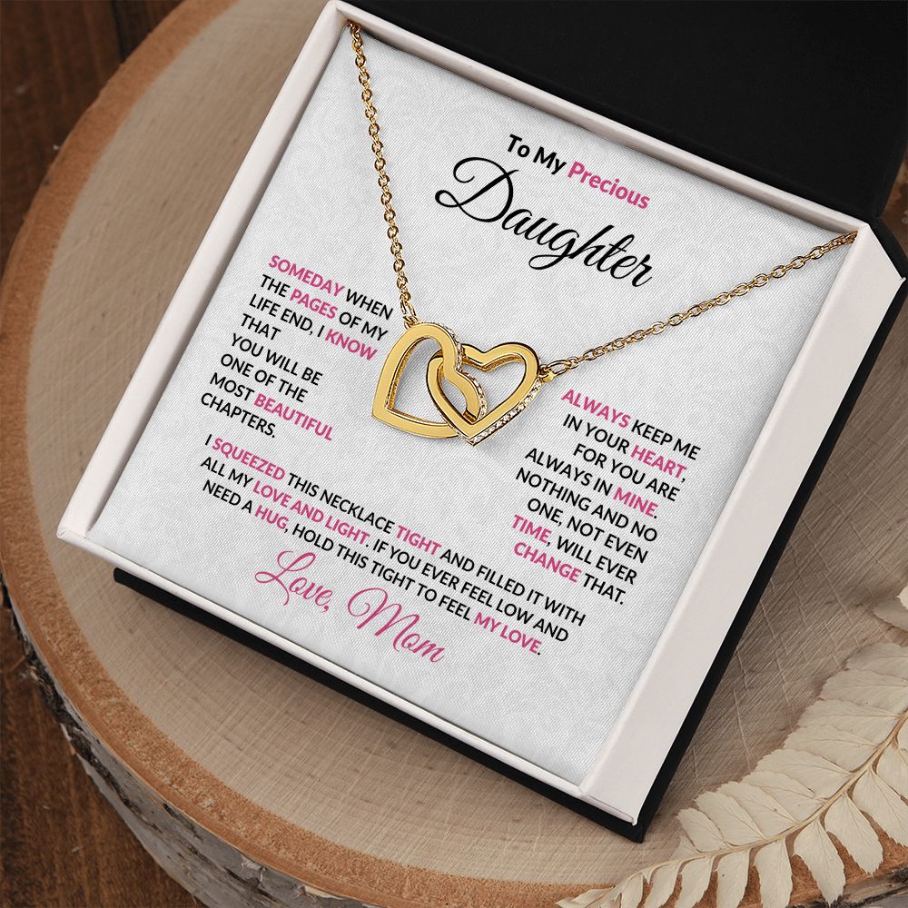 To My Precious Daughter Interlocking Hearts Pendant Necklace with Message Card