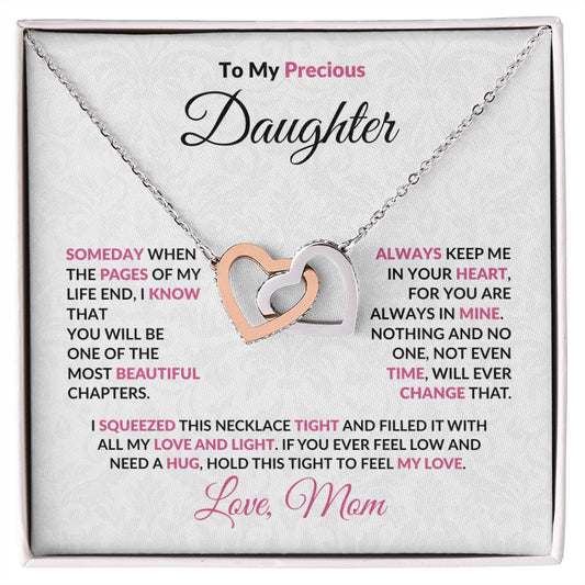 To My Precious Daughter Interlocking Hearts Pendant Necklace with Message Card