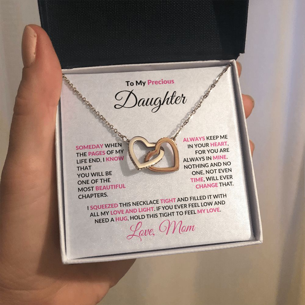 To My Precious Daughter Interlocking Hearts Pendant Necklace with Message Card