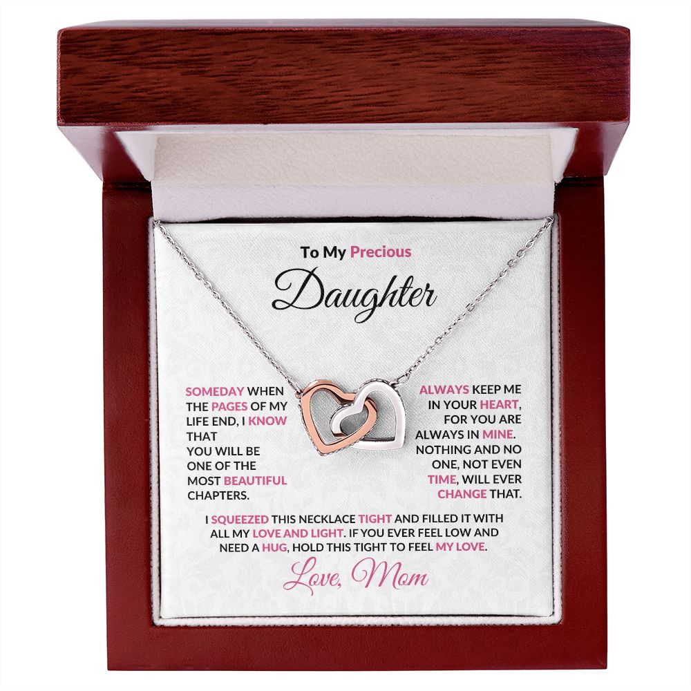 To My Precious Daughter Interlocking Hearts Pendant Necklace with Message Card