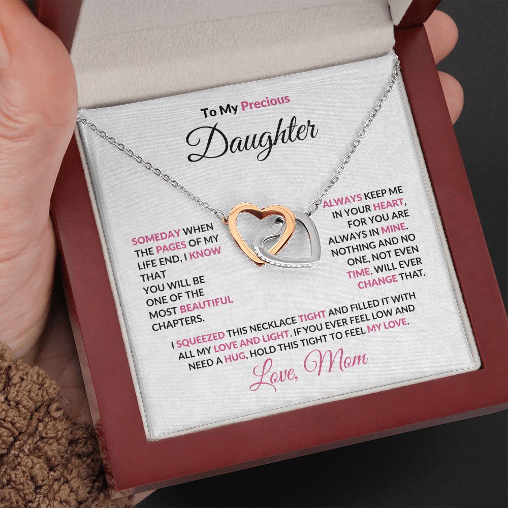 To My Precious Daughter Interlocking Hearts Pendant Necklace with Message Card
