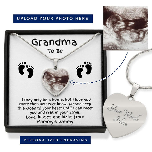 Grandma to Be Ultrasound Photo Upload Engraved Heart Necklace