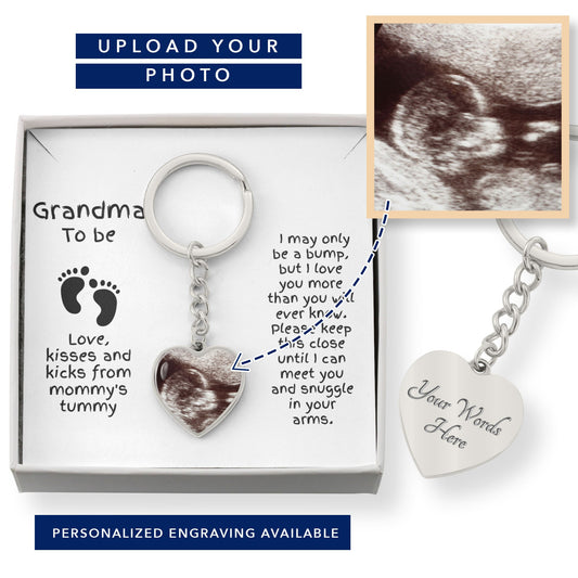 Grandma to Be Ultrasound Photo Upload Engraved Heart Keychain